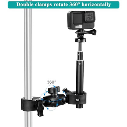 Super Double Clamp Camera Mount Chair Umbrella Clamp, with 360° Magic Arm Double Ball Head Adapter for Umbrella, Pole, Strollers, Motorcycle, Photo Studio Light Stand, Photo Boom Stand