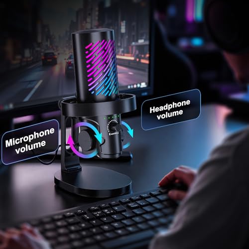tenlamp RGB USB Gaming Microphone for PC, Streaming & Podcast, Cardioid Condenser Mic with Noise Reduction, Touch Mute, Headphone Monitoring, Gain Control, Plug & Play for Mac Phone