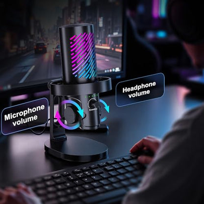 tenlamp RGB USB Gaming Microphone for PC, Streaming & Podcast, Cardioid Condenser Mic with Noise Reduction, Touch Mute, Headphone Monitoring, Gain Control, Plug & Play for Mac Phone