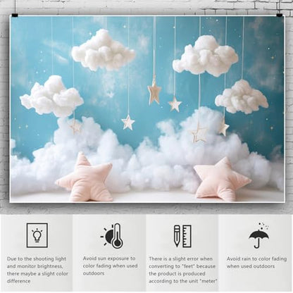 YongFoto Cute Sky Clouds Star Blue Backdrop 6x4ft Kids Photography Background Boy Girl Birthday Baby Shower Cradle Ceremony Party Banner Child Portrait Photoshoot Wallpaper Photo Studio Booth Props - color: Blue, size: 6ftx4ft