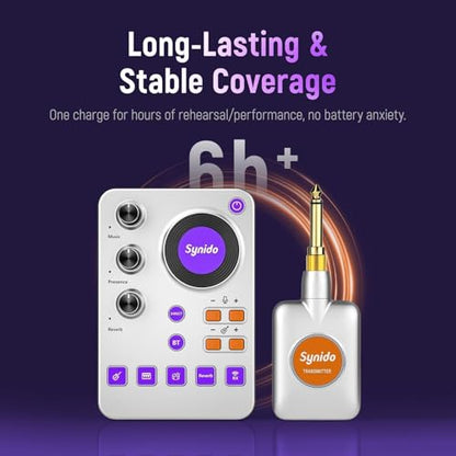 Synido Wireless Guitar Sound Card, 24bit/96kHz Low Latency Audio Interface | Built-in rechargeable battery & lightweight portable design, perfect for recording, live streaming and DJ performance