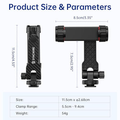 SYNCWIRE Tripod Phone Mount, Universal Smartphone Mount Adapter with 2 Cold Shoe and 1/4" Screw, 360° Rotates and 180° Tilts Adjustable Cell Phone Clamp Holder for Enhancing Mobile Photography Setup - color: Black
