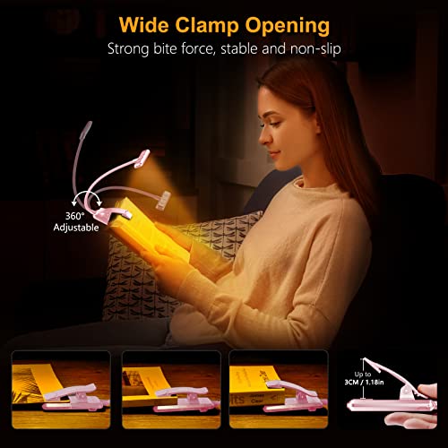 Gritin 19 LED Rechargeable Book Light for Reading in Bed | Eye Caring 3 Color Temps,Stepless Dimming Brightness,Memory Function,90 Hrs Runtime Lightweight Clip on Light-Pink - color: Pink
