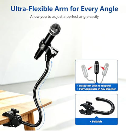 Gooseneck Microphone Stand,11.88" Flexible Adjustable Arm Mic Clip with Clip 3/8"-16 to 5/8"-27 Adapter Mount,Super Crab Desk & Pole Clamp Mic Holder Compatible with Shure/Fifine / AT2020 / Pyle/Blue