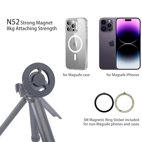 Magnetic Phone Tripod Mount Adapter for Magsafe, with 1/4” Screw and Magnetic Ring Compatible with iPhone 17/16/15/14/13...Samsung, Almost All Cellphones Live, Broadcast Tripod..