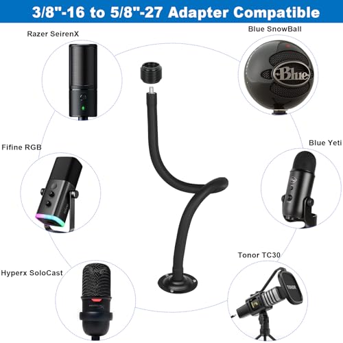 Microphone Holder - 23.6 inch Long Arm Gooseneck Desktop Mic Stand,Mic Arm Wall Mount,Metal Base Mic Clip 3/8" to 5/8" Adapter for Walls/Desk/Podium,Compatible with Shure/Fifine/AT2020/Pyle/Razer