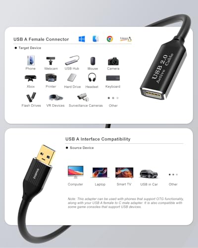 Active USB 2.0 Extension Cable 82FT(25M)with Built-in Signal Booster, 480Mbps High Speed Data Transfer Male to Female Repeater Cord, in-Wall-Long USB Extender for VR/Printer/Hard Drive/Xbox/PC - size: 82 ft (25m)