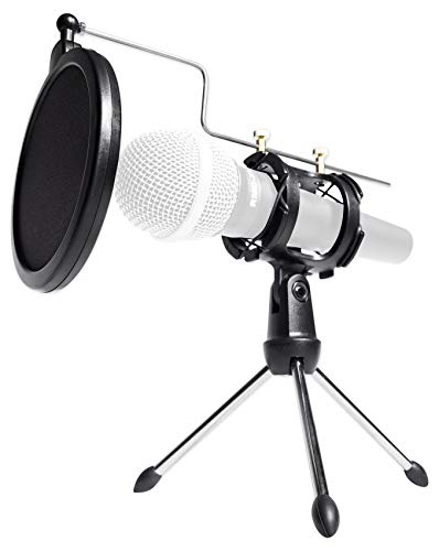 Rockville RMC-3PK Bundle: 3-Pack Metal Wired Microphones, (3) RTMS21 Desktop Tripod Stands with Pop Filter and Shock Mount, (3) 20-ft Female to Male XLR Cables for Podcasting, 7-Items