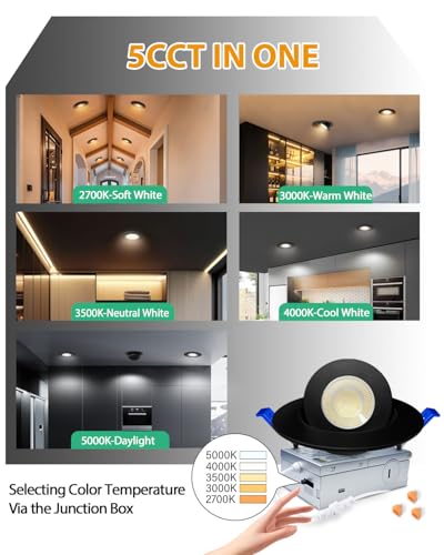 zouzai 4 Inch Gimbal LED Recessed Lights, Black, 6 Pack, with Junction Box, 360°+ 90° Adjustable, 5CCT 2700K-5000K, Dimmable, Canless Eyeball Downlight, CRI90+, 980LM 10W 120V, ETL - color: Black-4 inch, size: 6 Pack