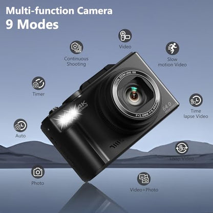 4K Digital Camera for Photography, 64MP Vlogging Camera for YouTube with 3" 180° Flip Screen, 18X Digital Zoom Point and Shoot Camara with 32GB Micro SD Card for Beginner (Black) - color: YL15-W08-C-Black