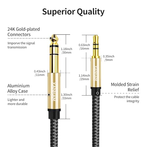 3.5mm to 1/4 Stereo Audio Cable 16 Feet /5M, 1/8" to 6.35mm 1/4" TRS Male Aux Cord Double Shielded with Braiding for Guitar, Amplifiers, PC, Home Theater, Speaker, etc. - size: 16 Feet