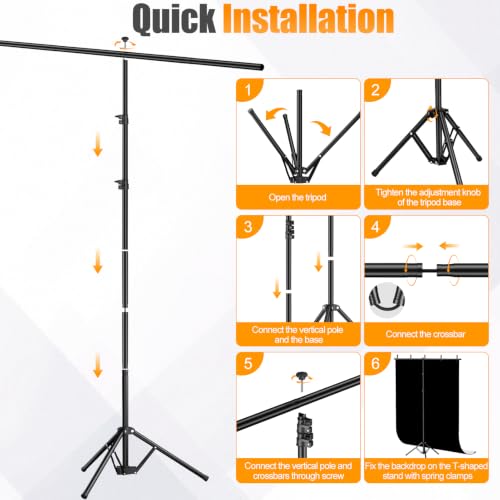5x8ft Black & White Photo Backdrop with Stand, 2-in-1 Revisible Black White Background Screen with Portable T-Shape Stand,Carry Bag and 5 Clamps for Photography Video Meeting Streaming