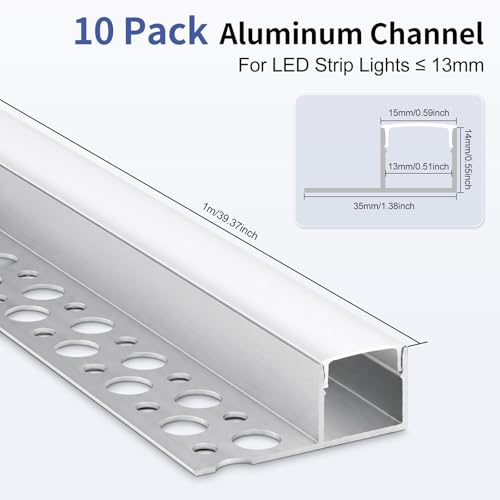 Plaster-in LED Channel 10 Pack, 3.3FT/1M Trimless Recessed LED Aluminum Profile with Milky Diffuser, Single-Sided Drywall LED Strip Diffuser Channel for Ceiling & Wall Lighting - size: Single-Sided-10 Pack
