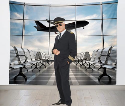12x8ft Fabric Airport Backdrop Lounge with Plane Pilot Jet Birthday Party Video Recording Zoom Meeting Conference Baby Shower Photoshoot Business Studio Decoration Photography Props - size: 12x8FT