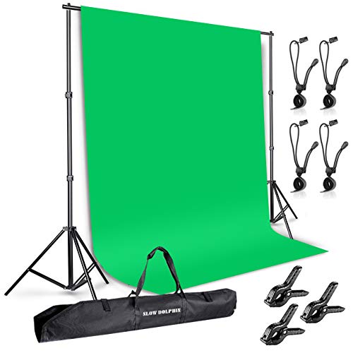 Slow Dolphin Photo Background Support System with Backdrop Stand Kit, 100% Pure Cotton Muslin 6.5 Ft x 10 Ft Chromakey Green Screen Backdrop, Clamp, Carry Bag for Photography Video Studio