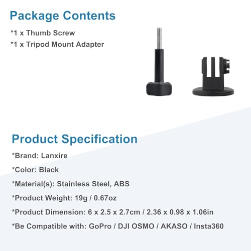 Tripod Mount Adapter 1/4" Screw for Gopro Hero 12/11/10/9/8/7/6, DJI OSMO AKASO Insta360 Action Camera, Fits for Tripod Selfie Stick Monopod and DSLR Camera Flash - 1 Pack