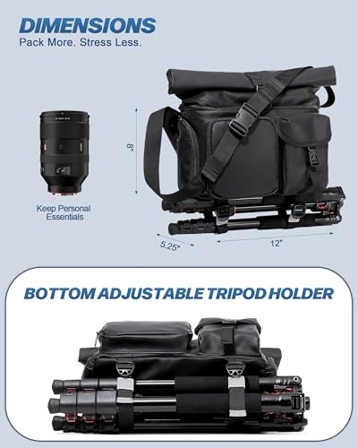 Smasrob Camera Bag with Tripod Holder, Rain Cover and Hidden Water Bottle Holder, Camera Sling Bag with Extra Storage Section, Black