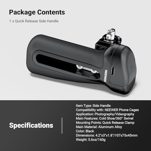 NEEWER Quick Release Side Handle with Bluetooth Shutter, Cold Shoe, 360° Rotation, Compatible with iPhone Android NEEWER Phone Cage Blackmagic Camera App for Focus/Zoom, PA148E - style: PA148E