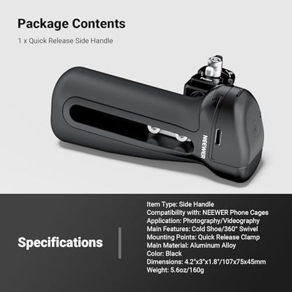 NEEWER Quick Release Side Handle with Bluetooth Shutter, Cold Shoe, 360° Rotation, Compatible with iPhone Android NEEWER Phone Cage Blackmagic Camera App for Focus/Zoom, PA148E - style: PA148E