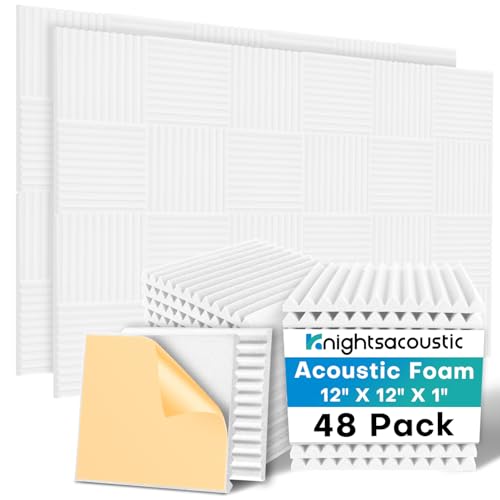 48 Pack Sound Proof Foam Panels for Walls with Self Adhesive, 12x12x1 Acoustic Foam Panels, High Density Acoustic Panels Sound Absorbing, Fire Resistant Studio Sound Proofing White - size: 48Packs ALL White with Adhesive