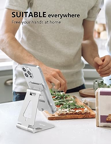 Aoviho Cell Phone Stand for Desk, Adjustable Desktop Phone Holder Stand, Foldable Moblie Phone Dock for iPhone 17 16 15 Pro Xs Max Xr X 8 7 6 5 5s SE Nintendo Switch All Phones, Silver - color: Silver