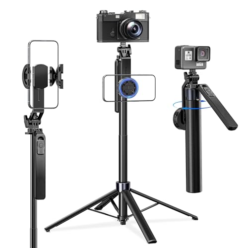 UBeesize 70'' Magnetic Selfie Stick Tripod for iPhone, MagSafe Tripod with 2-in-1 Phone Clamp & 1/4'' Screw Mount, Phone Tripod Stand with Remote, 4-Leg Stable Selfie Stick for Camera & GoPro - size: 70in