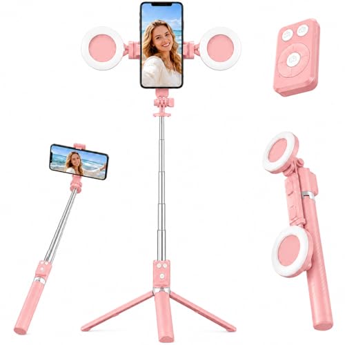 Selfie Stick Tripod with Light and Bluetooth Remote, 67" Extendable Mini Tripod Stand for iPhone Samsung Android, 6 in 1 Wireless Selfie Stick for TikTok YouTube Live Streaming(Pink) - color: Pink