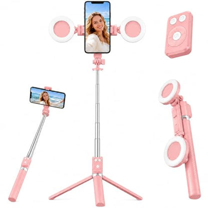 Selfie Stick Tripod with Light and Bluetooth Remote, 67" Extendable Mini Tripod Stand for iPhone Samsung Android, 6 in 1 Wireless Selfie Stick for TikTok YouTube Live Streaming(Pink) - color: Pink