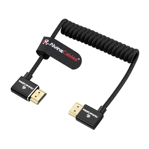 Alvin's Cables 8K 2.1 HDMI High Speed Braided Coiled Cable Left Angle to Right Angle for Atomos Ninja V, Portkeys BM5, for Feelworld Monitor, for Canon C300, Z CAM E2, Sony FS5| FS7| A7S3 Cameras - color: Black, size: Left to Right Angle