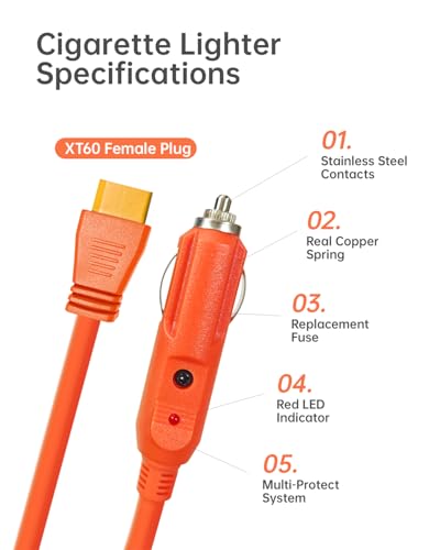 3M(10FT) 12V/24V Car Charging Cable to XT60 Connector, 14 AWG Cigarette Lighter Charger, Compatible with Anker SOLIX C300/C1000/F2000, EcoFlow Delta 2, BLUETTI AC2A Portable Power Station - color: Orange