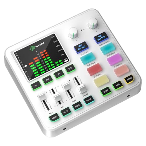 PUPGSIS Gaming Audio Mixer, Audio Interface for PC/Podcast/Streaming, Sound Board with 3.5mm/XLR Mic Input, 48V Phantom Power, Voice Changer, Live Sound Card with DJ Mixer Effects/Bluetooth(White) - color: White
