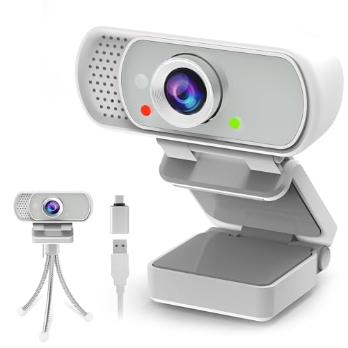 Webcam with Tripod Privacy Shutter: 1080P FHD Web Camera with Mic, Plug & Play USB A USB C Webcam with Stand, White Wide Angle Noise-Canceling Microphone Compact Web Cam for Online Meeting Classes - style: White USB-C Webcam Cover & Tripod