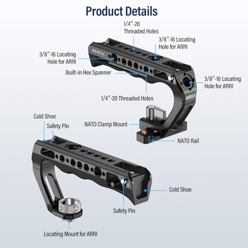 SIRUI Top Handle with Locating Mount for ARRI and NATO Mount, All-Aluminium Camera Cage Handle Grip with Cold Shoe with Safety Pin, Multiple Threaded Holes, AM-MTHA, Pack of 1