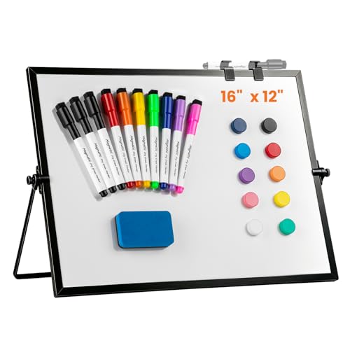 Dry Erase WhiteBoard, Aisuoker 16 x 12inch Magnetic Desktop Whiteboard with Stand, 10 Markers, 10 Magnets and 1 Eraser, Portable Double-Sided White Board for Kid Drawing Memo to Do and List Wall-Black - color: Black