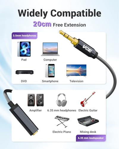 VCE 1/4 to 3.5mm Adapter, 3.5mm 1/8 inch Male to 6.35mm 1/4 inch Female Audio Jack for Headphone,Amplifiers, Guitar, Home Theater Devices - 8 inch
