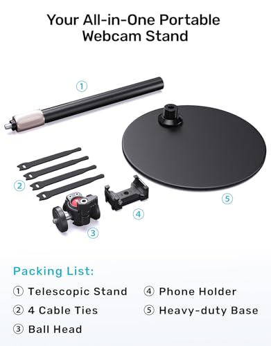 Webcam Stand for Desk, with 360 Ballhead, Heavy Base Height Adjustable Tripod for Logitech Webcam C922 C930e C920 C615 C960 C920x BRIO 4K NexiGo N60, Phone Mount, Gopro with 1/4" Thread - size: 9.2–15.5"H (7.09" dia base)