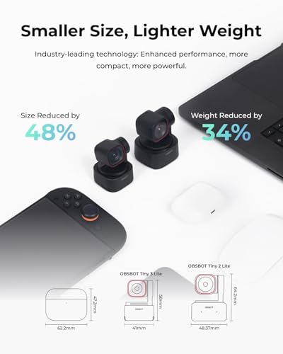 OBSBOT Tiny 3 Lite AI-Powered Spatial Audio 4K Webcam - Compact AI Tracking PTZ Camera with 1/2" Sensor, Tri-Mic, Voice Control, 120FPS, HDR, Camera for PC, Mac, Laptop, Streaming, Meeting, Zoom,Teams