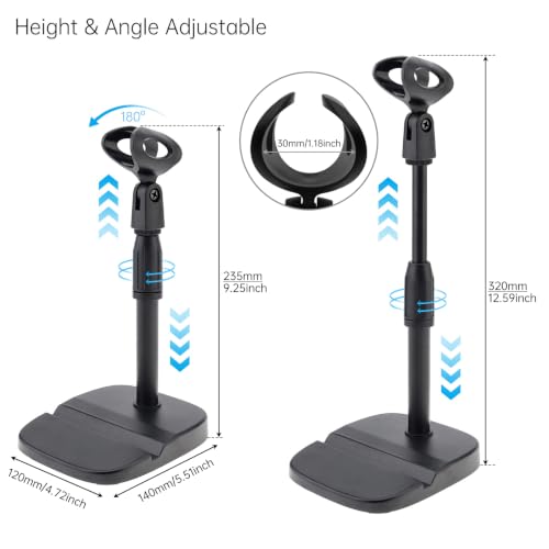 RTNLIT Desktop Mic Stand with Phone Holder, Adjustable Desk Mic Stand with Mic Clip Compatible with Max 1.7 inch Diameter Microphone, Weighted Base, 5/8" to 3/8" Screw Adapter, Height 9.8" to 13.4"