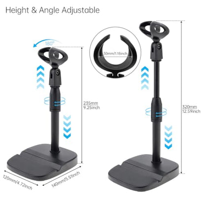 RTNLIT Desktop Mic Stand with Phone Holder, Adjustable Desk Mic Stand with Mic Clip Compatible with Max 1.7 inch Diameter Microphone, Weighted Base, 5/8" to 3/8" Screw Adapter, Height 9.8" to 13.4"