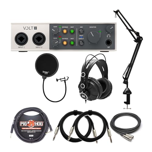 Universal Audio VOLT-2 USB Audio Interface Bundle with Closed-Back Studio Headphones, Microphone Boom Arm, Pop Filter, XLR Cable, Guitar Cable, and 1/4 in. TRS Cables (8 Items) | Volt-2 2-In/2-Out USB-C Interface, 24-Bit/192khz, Vintage Mic Preamp, 48V Ph