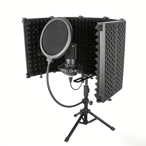 Microphone Isolation Shield, 5 Panel Sound Shield with Pop Filter and Tripod Stand,Absorbent Foam to Filter Vocal, for Podcast, Studio and Most Condenser Microphone Recording Equipment