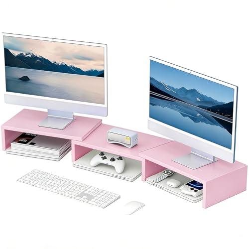 Desk Organizers and Accessories, Dual Monitor Stand Riser, Monitor Desk Shelf for Desktop Organization (Pink) - color: Pink