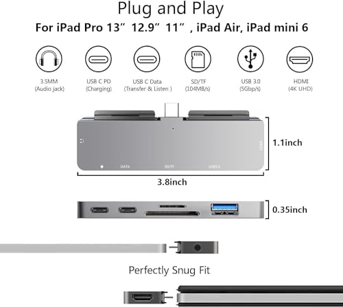 iPad Pro USB C Hub, 7-in-1 Adapter for iPad Pro M4 M2 M1 13 12.9 11 inch iPad Air 5 4 Docking Station with 4K HDMI, USB-C PD, SD/TF Card Reader, USB 3.0, 3.5mm Headphone Jack, iPad mini 6 Accessories