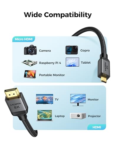 Silkland 8K 4K Micro HDMI to HDMI Cable 1ft, Short Micro HDMI 2.1 Adapter [8K@60Hz, 4K@240Hz 144Hz 120Hz] 6K 5K 48Gbps HDR, Compatible for Samsung G8,G9, Camera, Raspberry Pi 5 4, GoPro Hero, Cam Link - size: 1 Feet