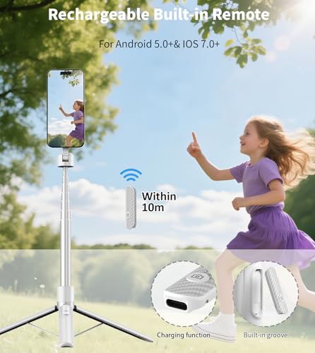 TONEOF 68" Magnetic Selfie Stick Tripod with Aluminum Strong Magnetic Holder for Magsafe, 360° Rotatable Travel Phone Tripod Stand with Metal Ring & Rechargeable Remote for iPhone/Android（White） - color: White
