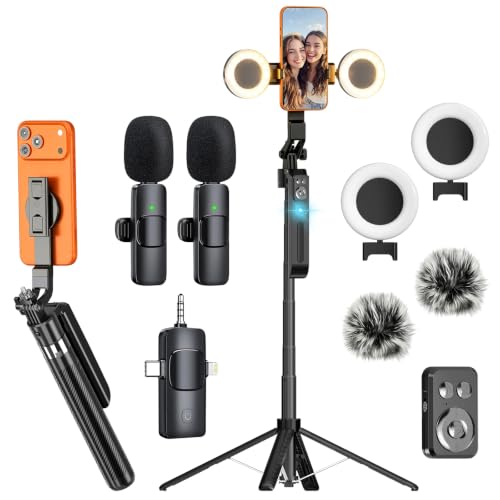 All-in-One Kit Magnetic Tripod 71" Auto Face Tracking with 2 Lights, 2 Mics | Content Creator Essentials, Wireless Remote & 360° Rotation Stand, No App. iPhone Tripod for Video Recording YouTube TikTok - color: black C