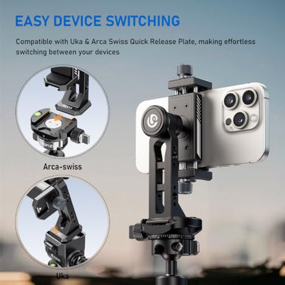 Ulanzi MA53 Metal Tripod Phone Mount, Smartphone Tripods Adapter with Arca Swiss/Uka Port, 2 Cold Shoe, 360° Cellphone Tripod Mount, for iPhone 17 Samsung Holder for Photo Video Vlogging Rig