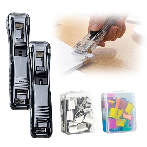 Portable Binder Clip Stapler, 2026 New Reusable Portable Paper Clam Clip Dispenser, 100 Metal Refill Clips (50 Silver + 50 Color) for Home, School, Desk Office (Black-2PCS) - color: Black-2pcs