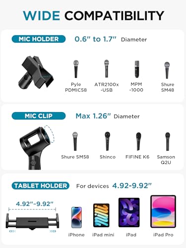 InnoGear Microphone Stand Floor, Adjustable Tripod Boom Mic Stand with Tablet Phone Holder Carrying Bag 2 Mic Clips 3/8" to 5/8" Adapter for Blue Yeti SM58 SM48 Fifine K669B, Podcast Singing Stage