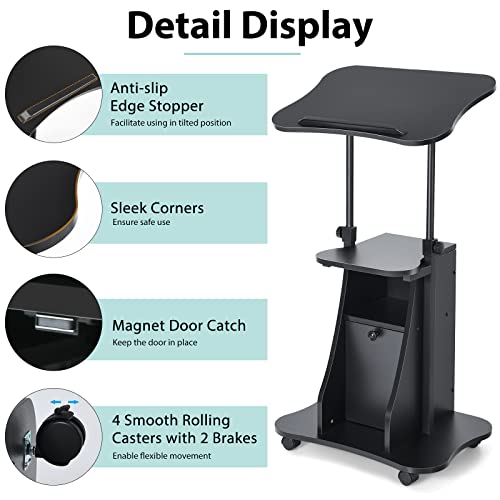 Tangkula Mobile Laptop Podium, Height Adjustable Sit to Stand Desk with Tilting Desktop & Storage Cabinet, Ergonomic Rolling Lectern Cart Laptop Desk, Office Podium Stand on Wheels - color: Black, size: 21.5" x 15.5" x 45"